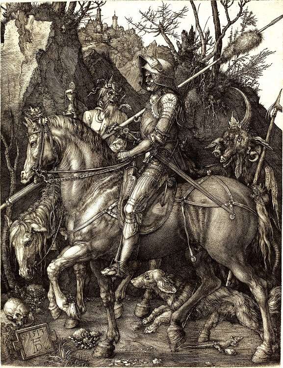 El caballero, la muerte y el diablo, pintura renacentista de Alberto Durero. Renacimiento Alemán.