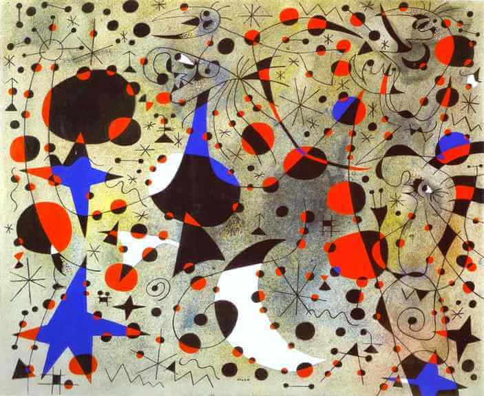 El canto del ruiseñor a media noches y la lluvia de la mañana, pintura surrealista de Joan Miró.