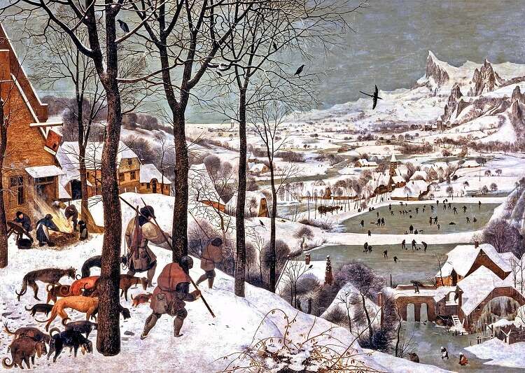 Cazadores en la Nieve, obra renacentista del pintor Peter Brueghel el Viejo. Pintura del Renacimiento. Obras de famosas de Peter Brueghel el viejo.