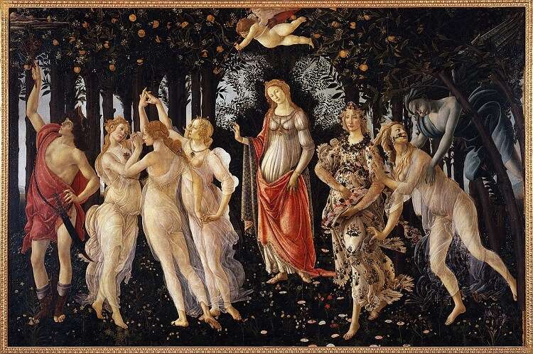 La primavera, pinturas renacentistas famosas de Sandro Botticelli. Pintura del Renacimiento. Obras de Botticelli.