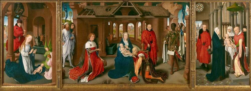 Tríptico de la adoración de los magos, pintura renacentista del artista Hans Memling