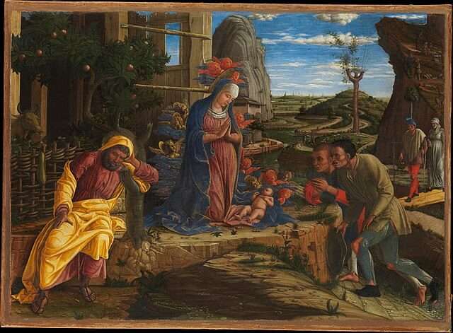 La adoración de los pastores, obra de Andrea Mantegna. Pintura renacentista.