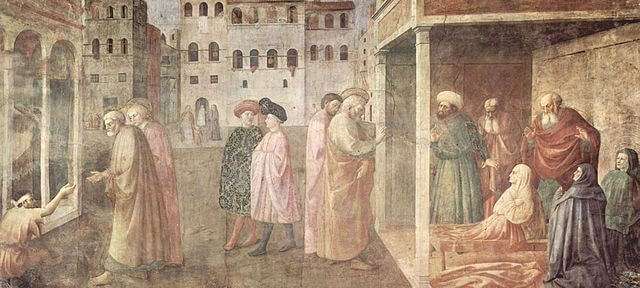 La curación del lisiado y resurrección de Tabita de Masaccio y Masolino - capilla brancacci parte superior derecha