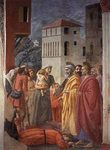 La distribución de los bienes y la muerte de Ananías (Masaccio) para la capilla de brancacci en la parte inferior derecha