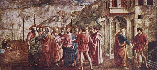 el tributo, en la capilla brancacci parte superior izquierda, de Masaccio