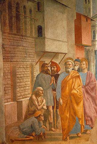 San Pedro cura a los enfermos con su sombra obra de Masaccio para la capilla de Brancacci - parte inferior izquierda