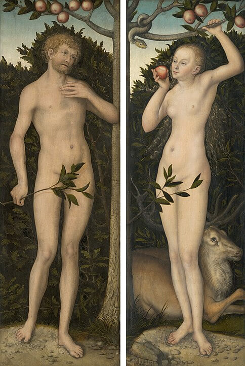 Eva tentada por la serpiente, pintura renacentista de lucas Cranach el viejo