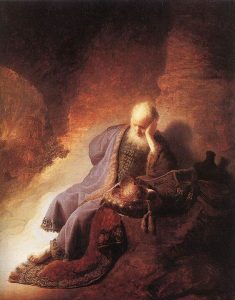 Jeremías lamentando la destrucción de Jerusalén obras de Rembrandt pintura barroca