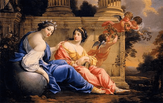 Las musas Urania y Calíope, obra barroca de Simón Vouet, decoración de la capilla alaleone