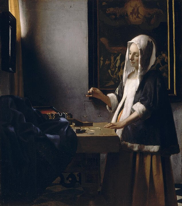 Mujer con Balanza o la tasadora de perlas, obras principales de Johannes Vermeer pinturas barrocas